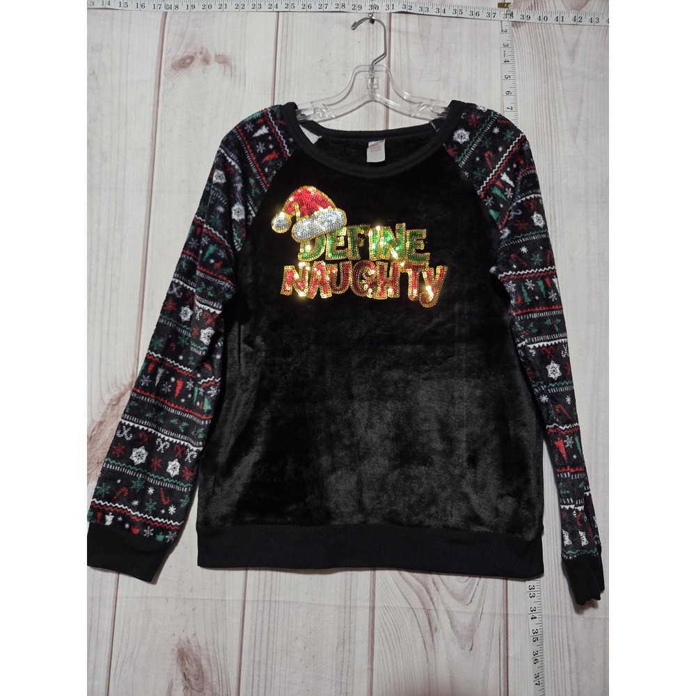 Holiday Time‎ Shirt Ladies Large Black Plush Christmas Define Naughty Sequin Top
